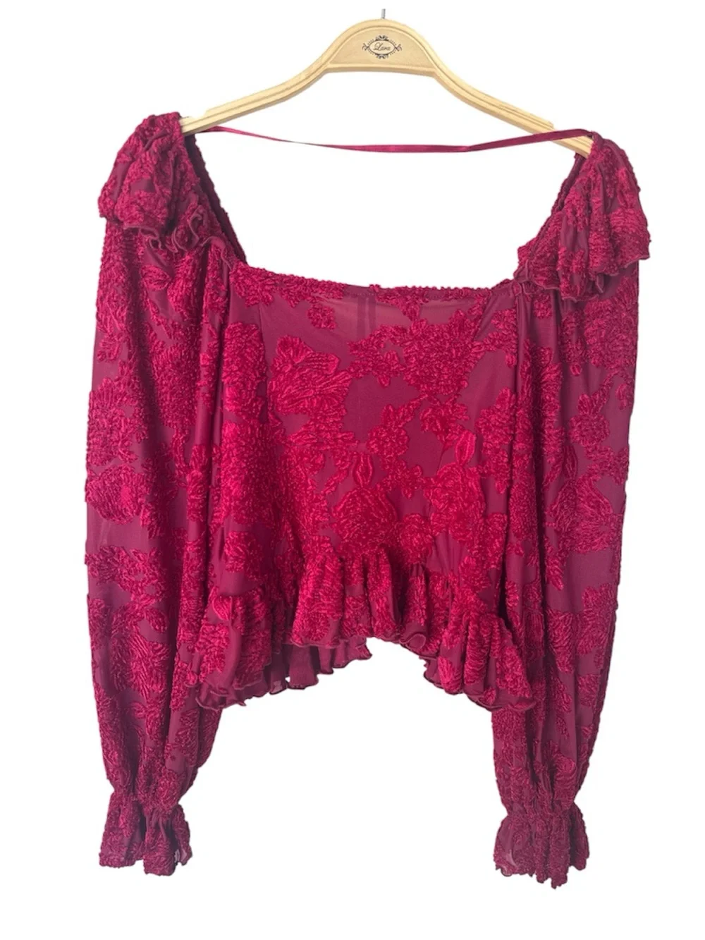 Anthropologie Velvet Burnout Raspberry Red Lace Peasant Puff-Sleeve Blouse XS